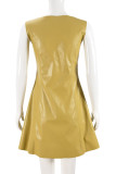 Khaki Sexy Solid Color Patchwork V Neck A Line Dresses