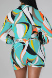 Green Casual Print Pocket Patchwork Strap Design Cardigan Collar Long Sleeve Two Pieces