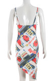 Multicolor Sexy Print Patchwork Backless Spaghetti Strap Sling Dresses