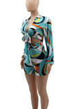 Green Casual Print Pocket Patchwork Strap Design Cardigan Collar Long Sleeve Two Pieces