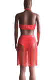 Red Sexy Solid Color Hollow Out Patchwork Swimwears