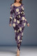 Purple Casual Street Floral Print Contrast O Neck Printed Dresses