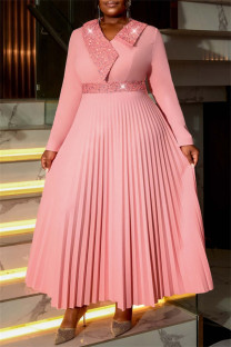 Pink Casual Party Solid Color Sequins Patchwork V Neck Pleated Dresses