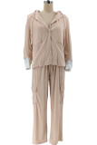Khaki Casual Solid Color Pocket Buttons Patchwork Turn-back Collar Long Sleeve Two Pieces