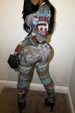 Colour Casual Print Patchwork O Neck Long Sleeve Two Pieces