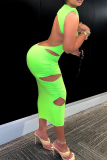 Green Sexy Solid Hollowed Out Half A Turtleneck Pencil Skirt Dresses