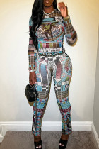 Colour Casual Print Patchwork O Neck Long Sleeve Two Pieces