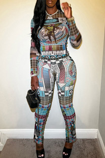Colour Casual Print Patchwork O Neck Long Sleeve Two Pieces
