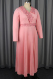 Pink Casual Party Solid Color Sequins Patchwork V Neck Pleated Dresses
