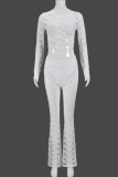 White Sexy Solid Color Patchwork See-Through O Neck Long Sleeve Two Pieces