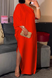 Red Casual Solid Color Backless Slit Oblique Collar Long Dresses