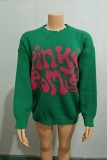 Green Casual Letters Basic O Neck Tops