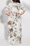 Blue Casual Street Geometric Print Lace Up Contrast Scarf Collar Printed Plus Size Dresses