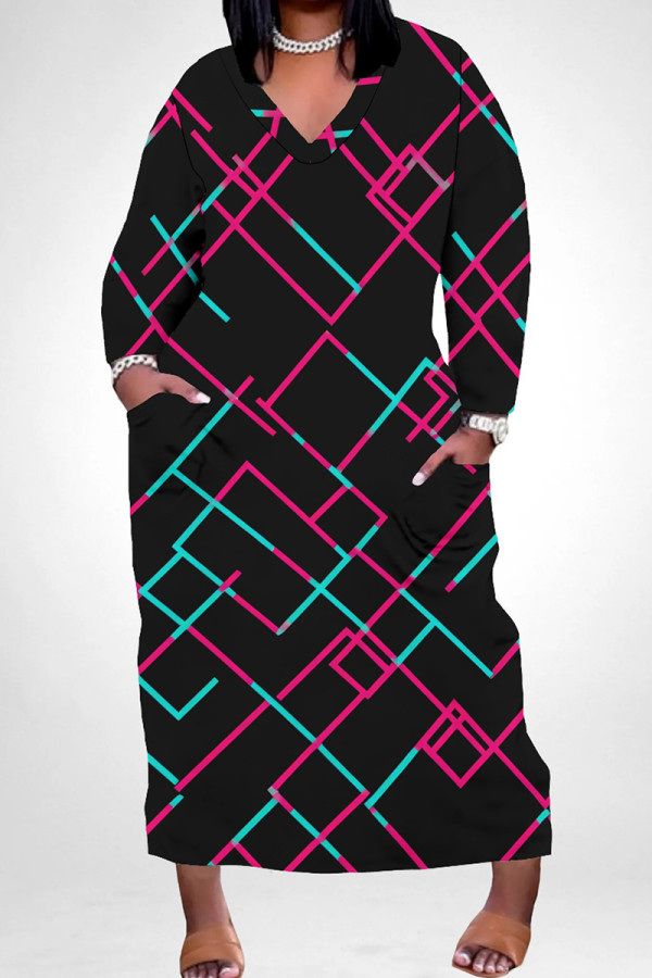 Black Rose Red Casual Print Pocket Patchwork V Neck Straight Plus Size Dresses