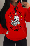 Red Casual Party Skull Head Cartoon Print Letters Draw String Pocket Hooded Tops