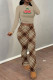 Light Brown Casual Street Plaid Letter Print fruit Belted Contrast O Neck Long Sleeve Two Pieces