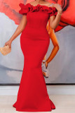 Red Elegant Solid Color Patchwork Backless Off Shoulder Long Dresses