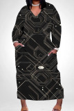 Brown Casual Print Pocket Patchwork V Neck Straight Plus Size Dresses