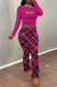Rose Red Casual Street Plaid Letter Print fruit Belted Contrast O Neck Long Sleeve Two Pieces