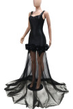Black Elegant Solid Color Patchwork Backless Mesh Hot Drill Asymmetrical Collar Long Dresses