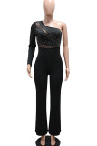 Black Casual Patchwork Backless Hot Drill Oblique Collar Regular Jumpsuits