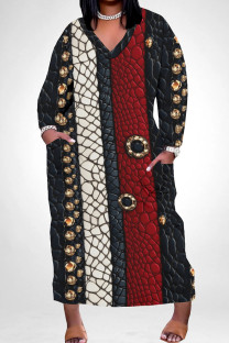 Red Black Casual Print Pocket Patchwork V Neck Straight Plus Size Dresses