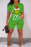 Green Black Casual Cartoon Print Basic O Neck Short Sleeve Two Pieces