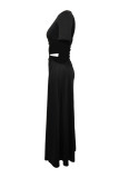 Black Sexy Casual Solid Color Hollow Out Slit O Neck Long Dresses