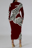 Burgundy Elegant Geometric Print Contrast O Neck Printed Dresses