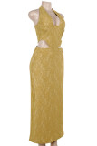 Yellow Sexy Solid Color Lace Hollow Out Patchwork Slit Deep V Neck Long Dresses