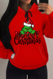 Red Casual Party Skull Head Cartoon Print Letters Draw String Pocket Hooded Tops