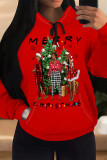 Red Casual Party Skull Head Cartoon Print Letters Draw String Pocket Hooded Tops