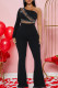 Black Casual Patchwork Backless Hot Drill Oblique Collar Regular Jumpsuits