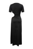 Black Sexy Casual Solid Color Hollow Out Slit O Neck Long Dresses