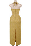 Yellow Sexy Solid Color Lace Hollow Out Patchwork Slit Deep V Neck Long Dresses
