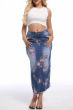 Blue Daily Print Pocket Patchwork Zipper Regular Mid Waist Straight Patchwork Bottoms