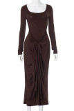 Apricot Elegant Solid Color Patchwork Ruched O Neck Long Dresses
