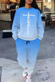Blue Red Casual Street Letter Print Gradient Draw String Pocket Contrast O Neck Long Sleeve Two Pieces