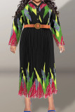 Black Elegant Print Buckle Patchwork With Belt Turndown Collar Plus Size Dresses