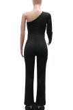 Black Casual Patchwork Backless Hot Drill Oblique Collar Regular Jumpsuits