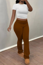 White Brown Casual Street Solid Color Contrast O Neck Short Sleeve Two Pieces