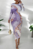 Red Purple Casual Print Patchwork O Neck Long Dresses