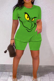 Green Black Casual Cartoon Print Basic O Neck Short Sleeve Two Pieces