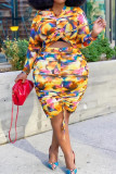 Yellow Casual Print Draw String Patchwork O Neck Plus Size Two Pieces