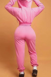 Pink Casual Solid Color Draw String Patchwork Zipper Zipper Collar Long Sleeve Two Pieces