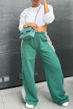 Green Casual Patchwork Contrast Loose Mid Waist Wide Leg Patchwork Bottoms