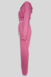 Pink Casual Solid Color Draw String Patchwork Zipper Zipper Collar Long Sleeve Two Pieces