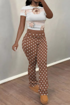 Coffee Casual Street Striped Print Polka Dot Flowers Contrast O Neck Short Sleeve Two Pieces