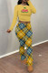 Yellow Casual Street Plaid Letter Print fruit Belted Contrast O Neck Long Sleeve Two Pieces