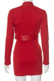 Red Street Solid Color Buttons Patchwork Zipper Mandarin Collar Long Sleeve Two Pieces